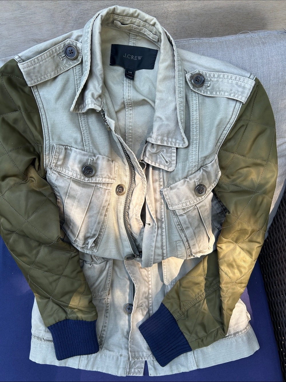 J. Crew Two-Tone Utility Jacket in Khaki and Olive with Navy Cuffs